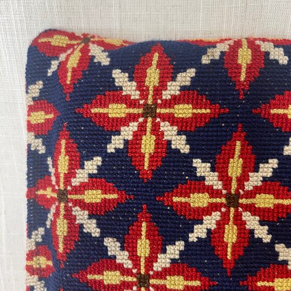 Vintage Navy Blue Red Geometric Petit Point Cushion Pillow Foam Insert Handmade - Picture 5 of 10